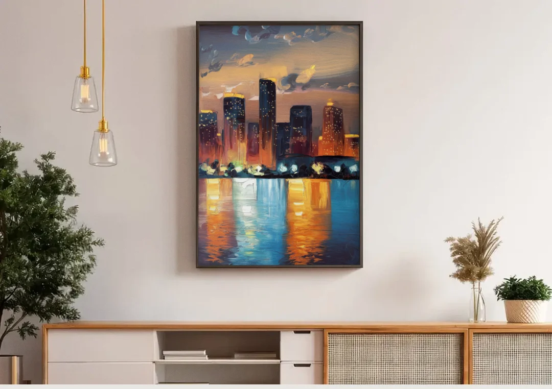 Houston Skyline Glow canvas wall art above a wooden sideboard under pendant lights