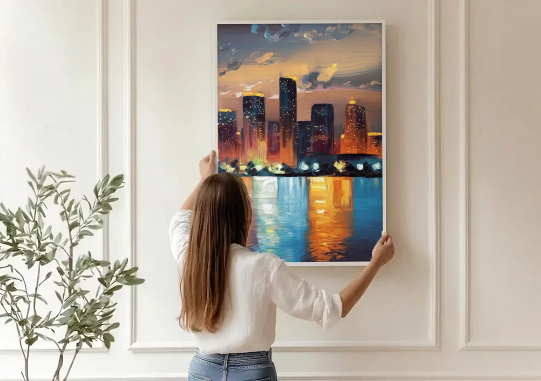 Houston Skyline Glow canvas wall art being hung on a paneled wall
