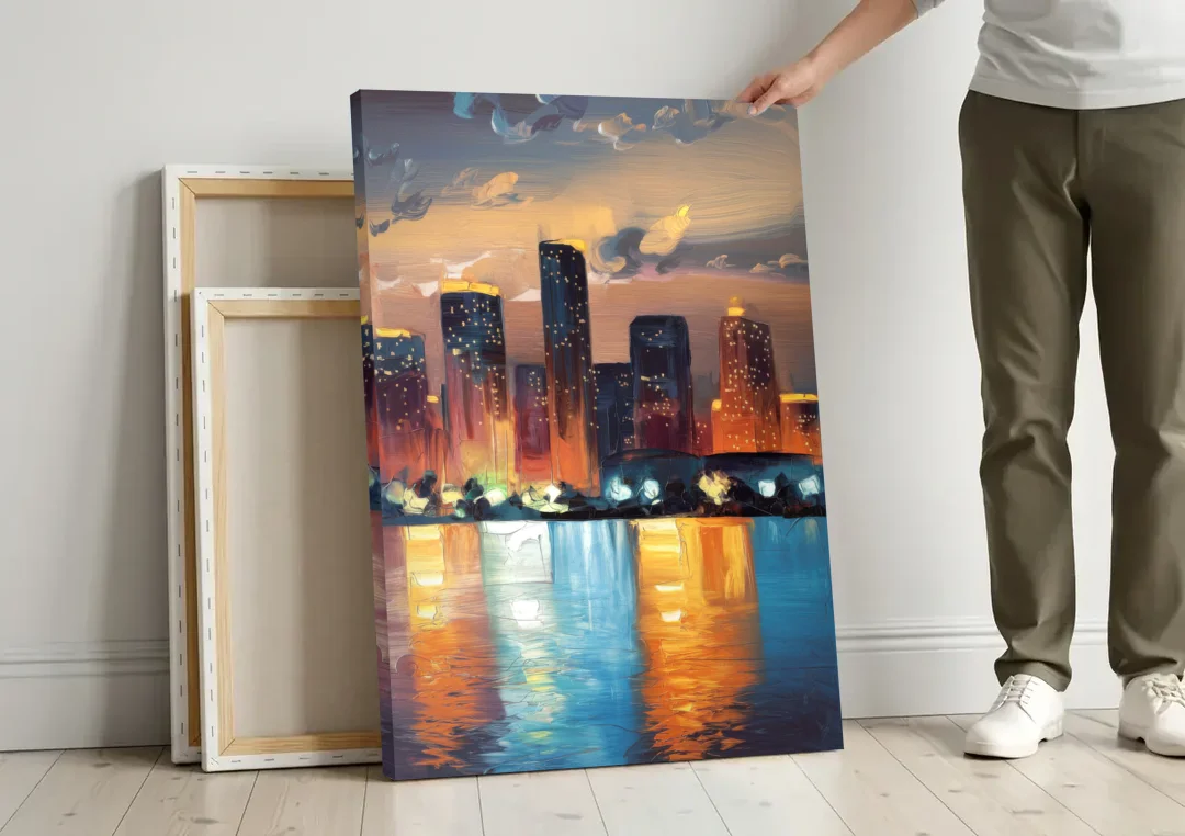 Houston Skyline Glow canvas wall art leaning against a wall next to blank canvases