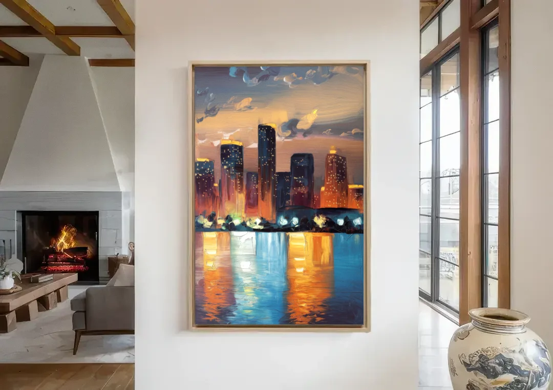 Houston Skyline Glow canvas wall art in a living room with a fireplace