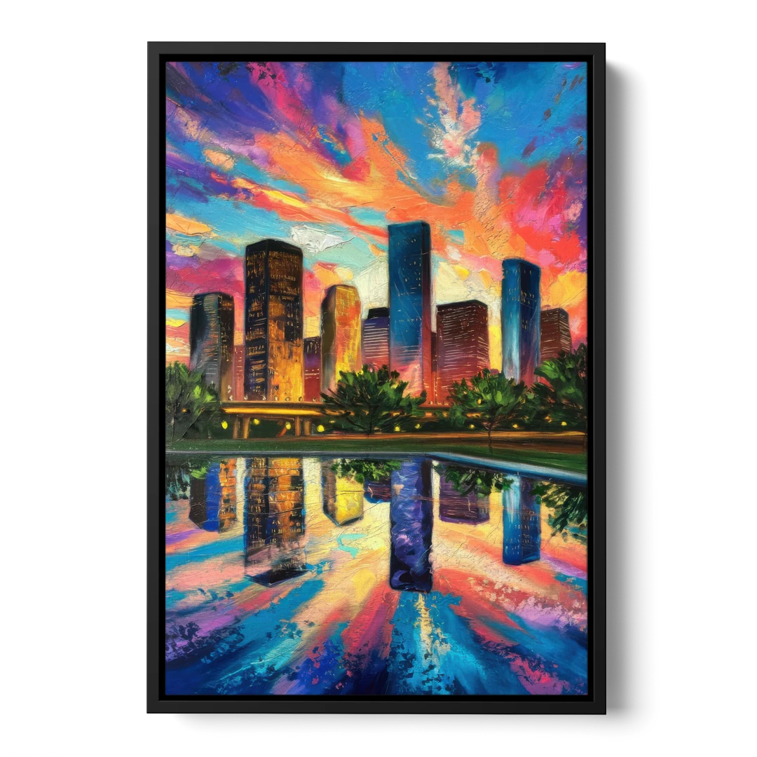 Houston Skyline Reflections - Black Framed Canvas Wall Art - Front