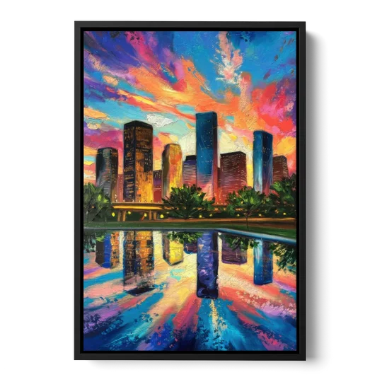 Houston Skyline Reflections - Black Framed Canvas Wall Art - Front