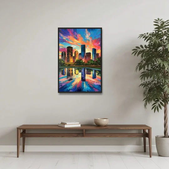 Houston Skyline Reflections - Black Framed Canvas Wall Art - Coffee Table - 24x36