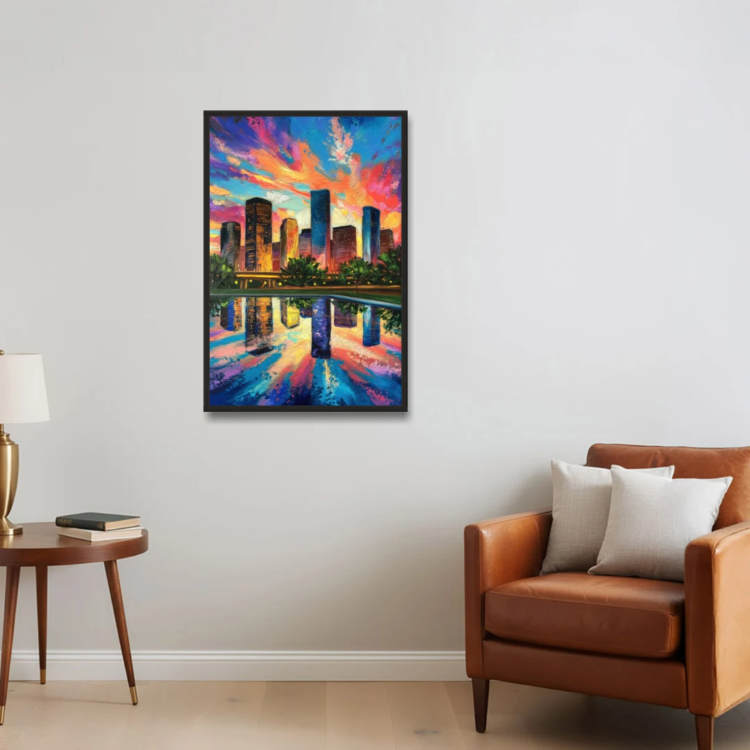 Houston Skyline Reflections - Black Framed Canvas Wall Art - Sofa - 24x36