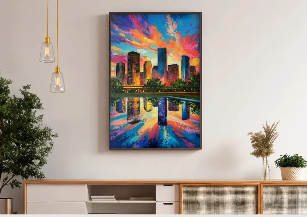 Houston Skyline Reflections canvas wall art above a wooden sideboard under pendant lights