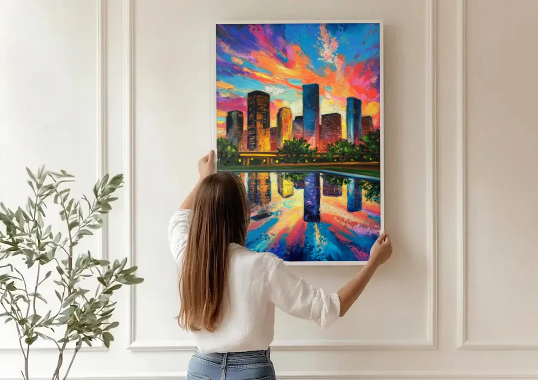 Houston Skyline Reflections canvas wall art being hung on a paneled wall