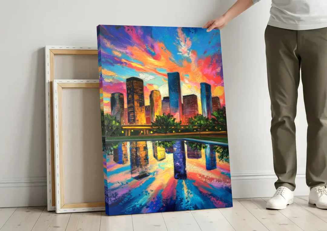 Houston Skyline Reflections canvas wall art leaning against a wall next to blank canvases