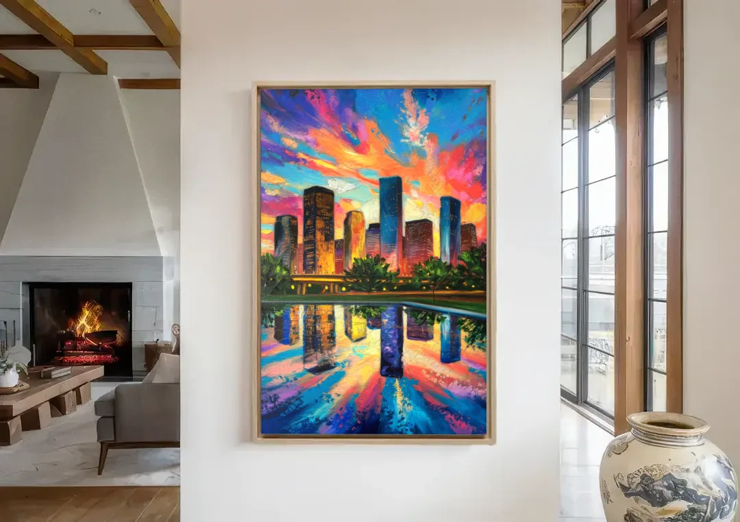 Houston Skyline Reflections canvas wall art in a living room with a fireplace