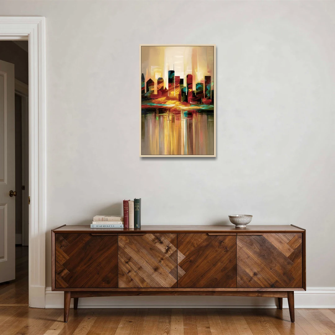 Houston Skyline Silhouette - Oak Framed Canvas Wall Art - Coffee Table - 24x36