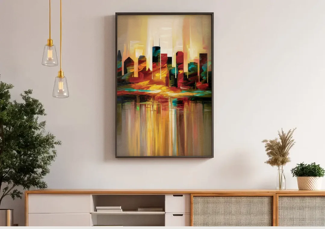 Houston Skyline Silhouette canvas wall art above a wooden sideboard under pendant lights