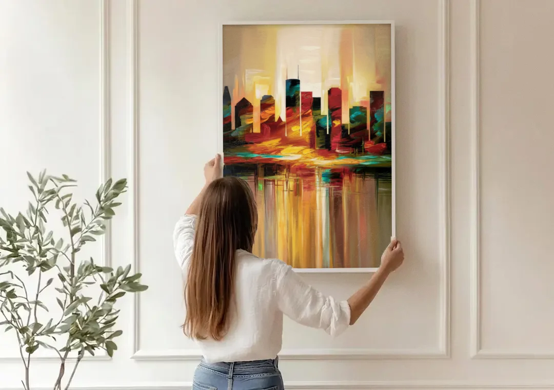 Houston Skyline Silhouette canvas wall art being hung on a paneled wall
