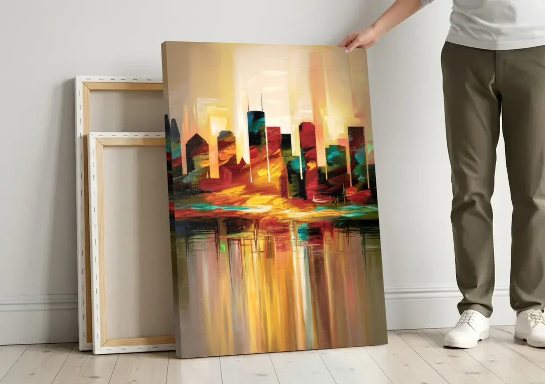 Houston Skyline Silhouette canvas wall art leaning against a wall next to blank canvases
