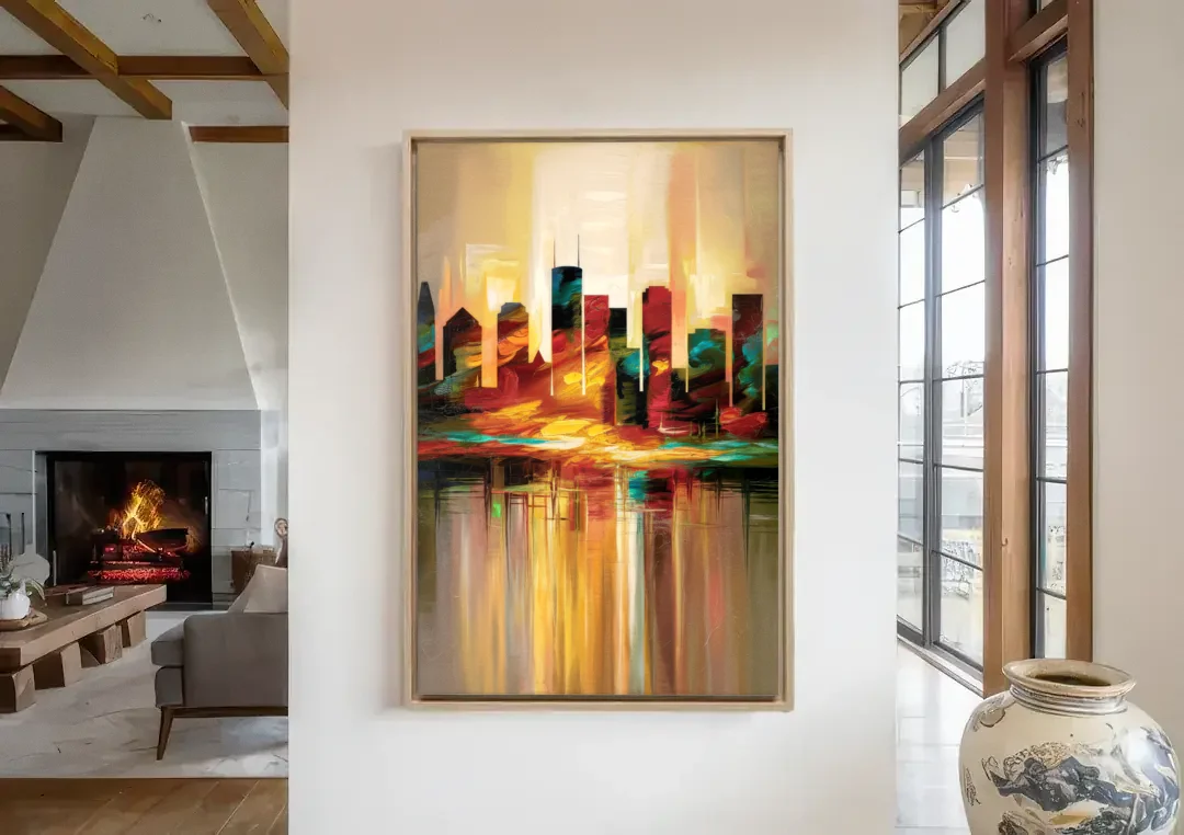 Houston Skyline Silhouette canvas wall art in a living room with a fireplace