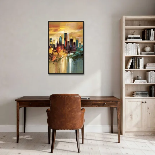 Houston Skyline View - Black Framed Canvas Wall Art - Office - 24x36