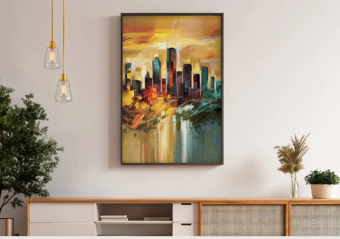 Houston Skyline View canvas wall art above a wooden sideboard under pendant lights