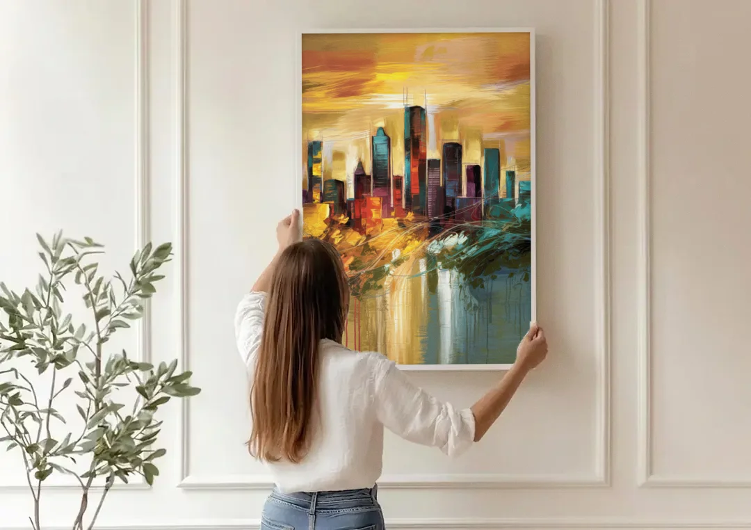 Houston Skyline View canvas wall art being hung on a paneled wall