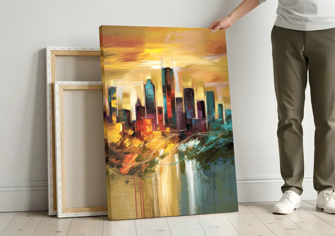 Houston Skyline View canvas wall art leaning against a wall next to blank canvases