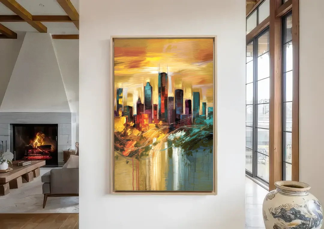 Houston Skyline View canvas wall art in a living room with a fireplace