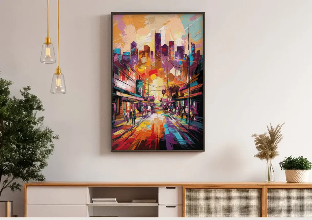 Houston Street Art Culture canvas wall art above a wooden sideboard under pendant lights