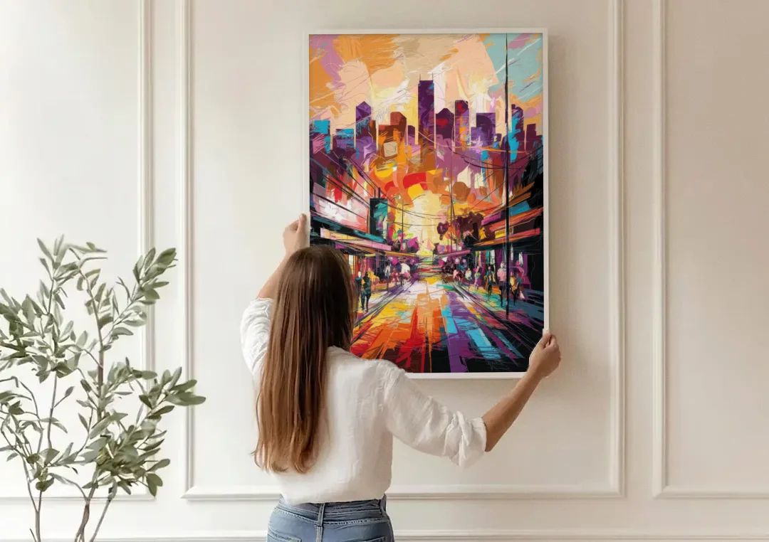 Houston Street Art Culture canvas wall art being hung on a paneled wall