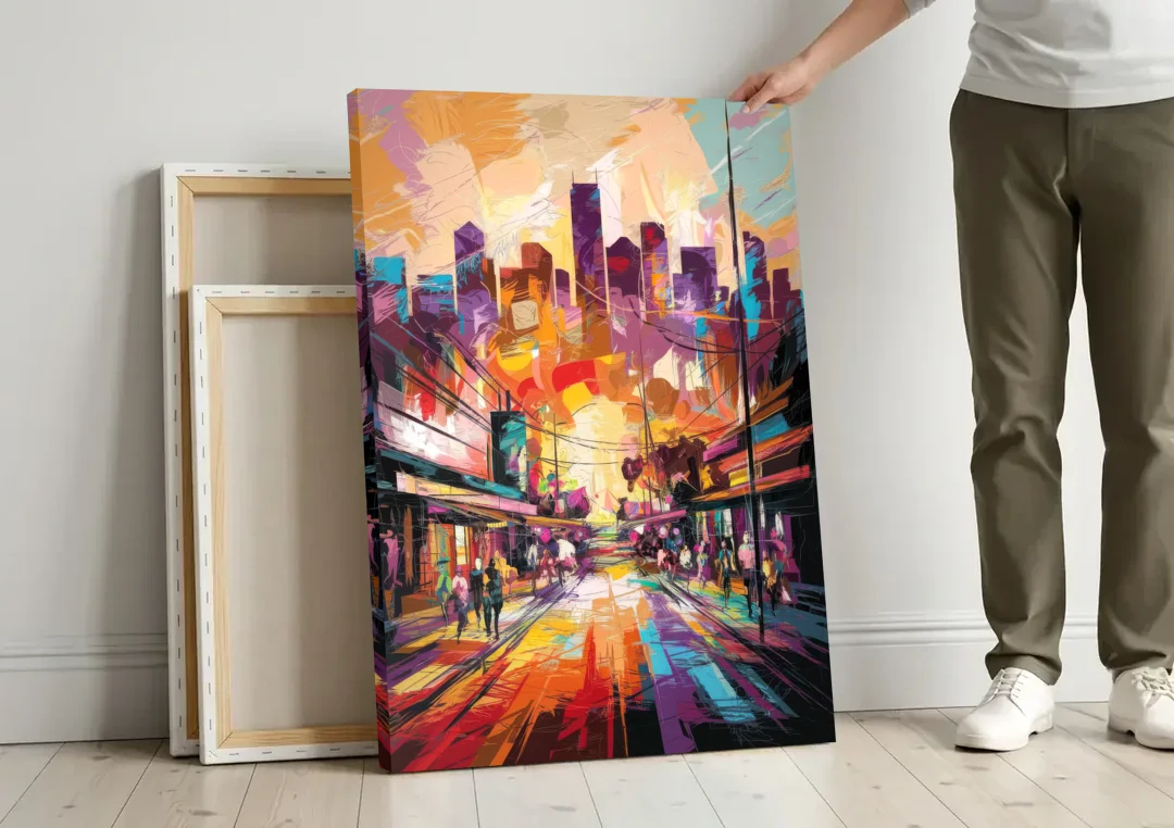 Houston Street Art Culture canvas wall art leaning against a wall next to blank canvases