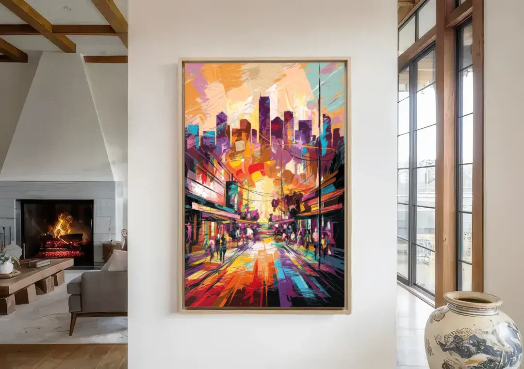 Houston Street Art Culture canvas wall art in a living room with a fireplace