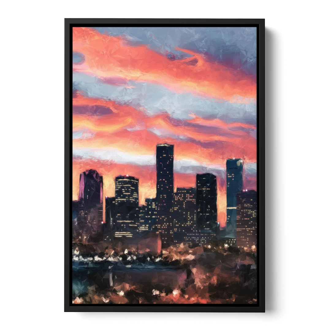 Houston Sunset Skyline - Black Framed Canvas Wall Art - Front