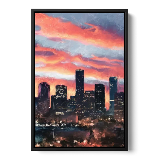 Houston Sunset Skyline - Black Framed Canvas Wall Art - Front