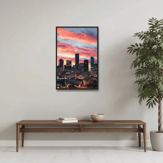 Houston Sunset Skyline - Black Framed Canvas Wall Art - Coffee Table - 24x36