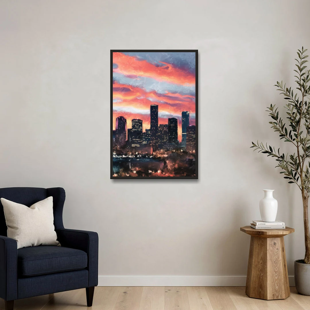 Houston Sunset Skyline - Black Framed Canvas Wall Art - Sofa - 24x36