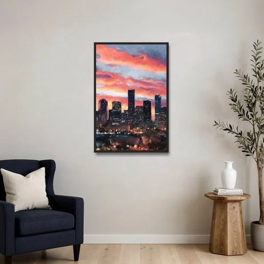 Houston Sunset Skyline - Black Framed Canvas Wall Art - Sofa - 24x36