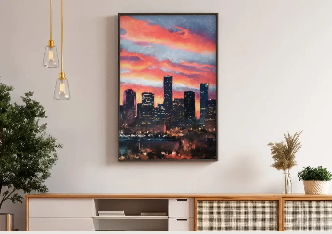 Houston Sunset Skyline canvas wall art above a wooden sideboard under pendant lights