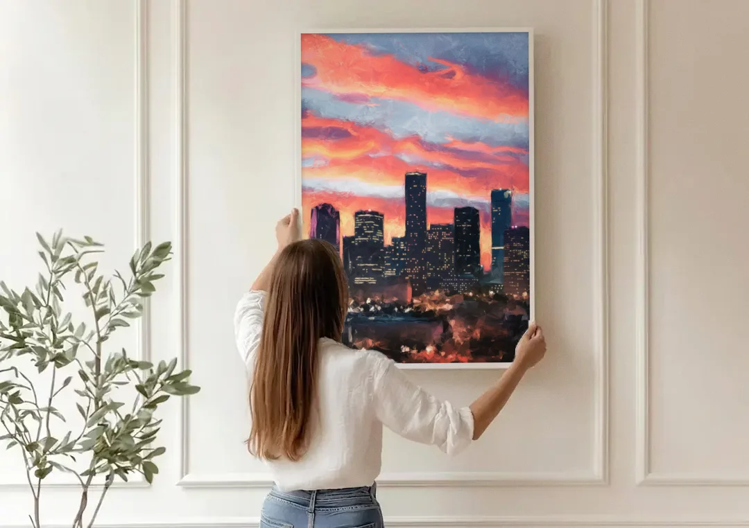 Houston Sunset Skyline canvas wall art being hung on a paneled wall
