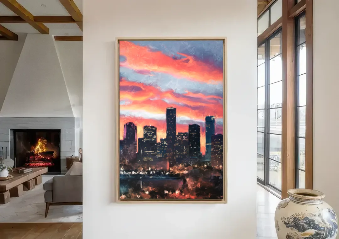 Houston Sunset Skyline canvas wall art in a living room with a fireplace