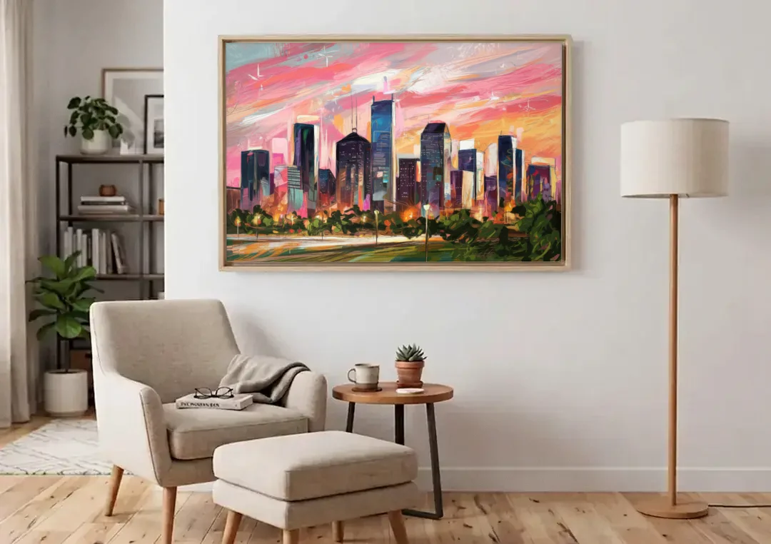 Houston Texas Pride canvas wall art above an armchair in a bright living room