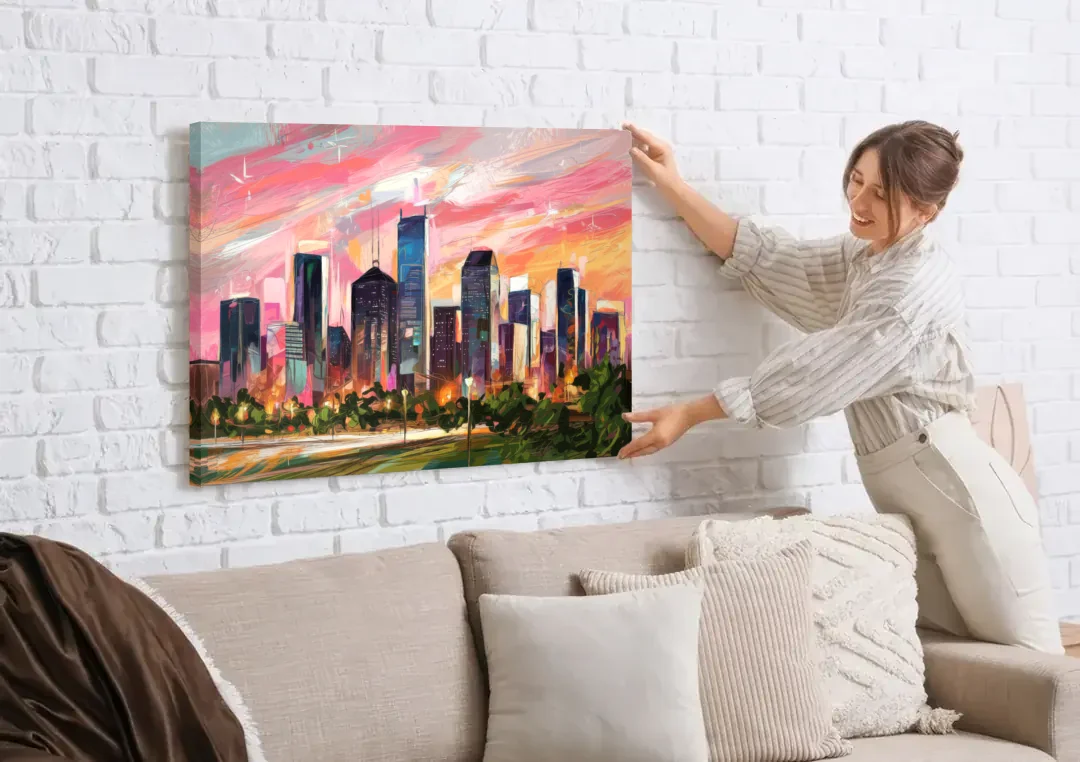 Houston Texas Pride canvas wall art being hung on a white brick wall above a sofa