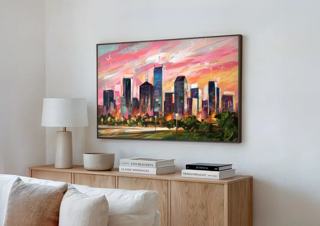 Houston Texas Pride canvas wall art above a wooden sideboard next to a sofa