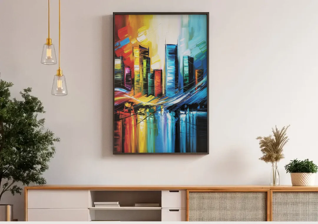 Houston Urban Energy canvas wall art above a wooden sideboard under pendant lights