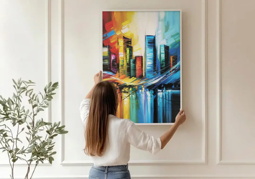 Houston Urban Energy canvas wall art being hung on a paneled wall