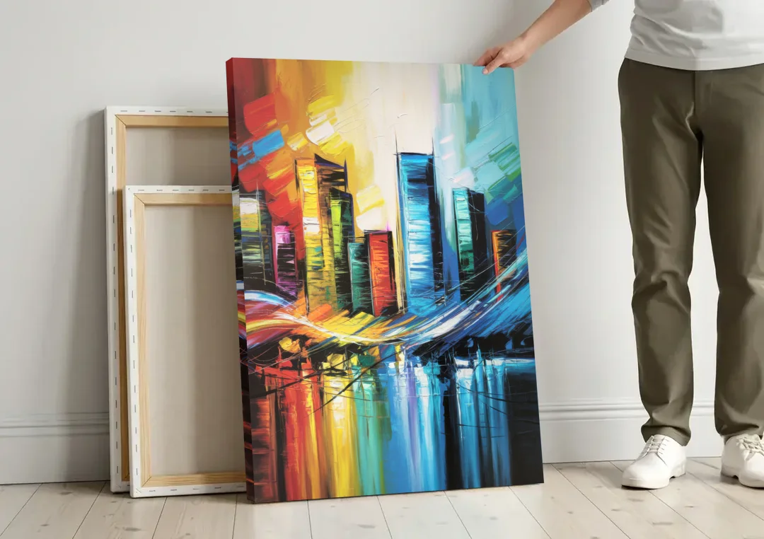 Houston Urban Energy canvas wall art leaning against a wall next to blank canvases