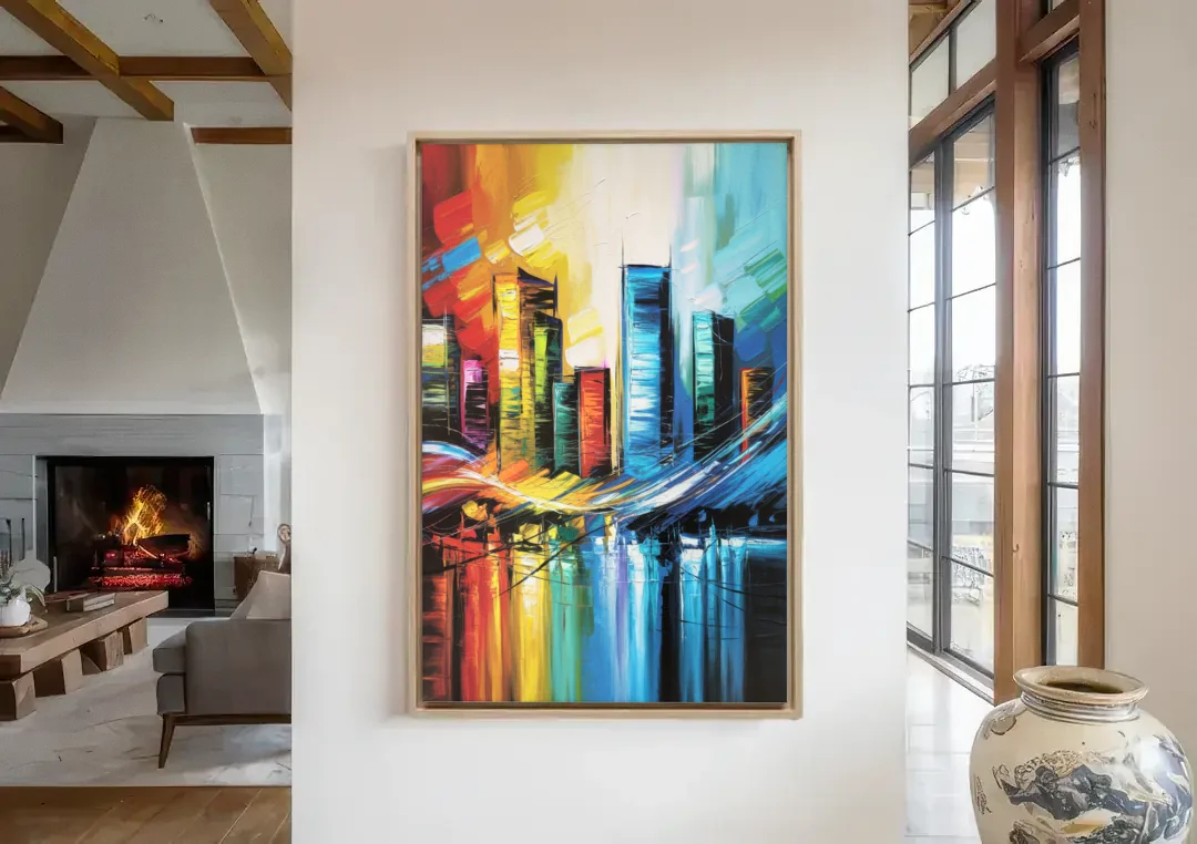 Houston Urban Energy canvas wall art in a living room with a fireplace