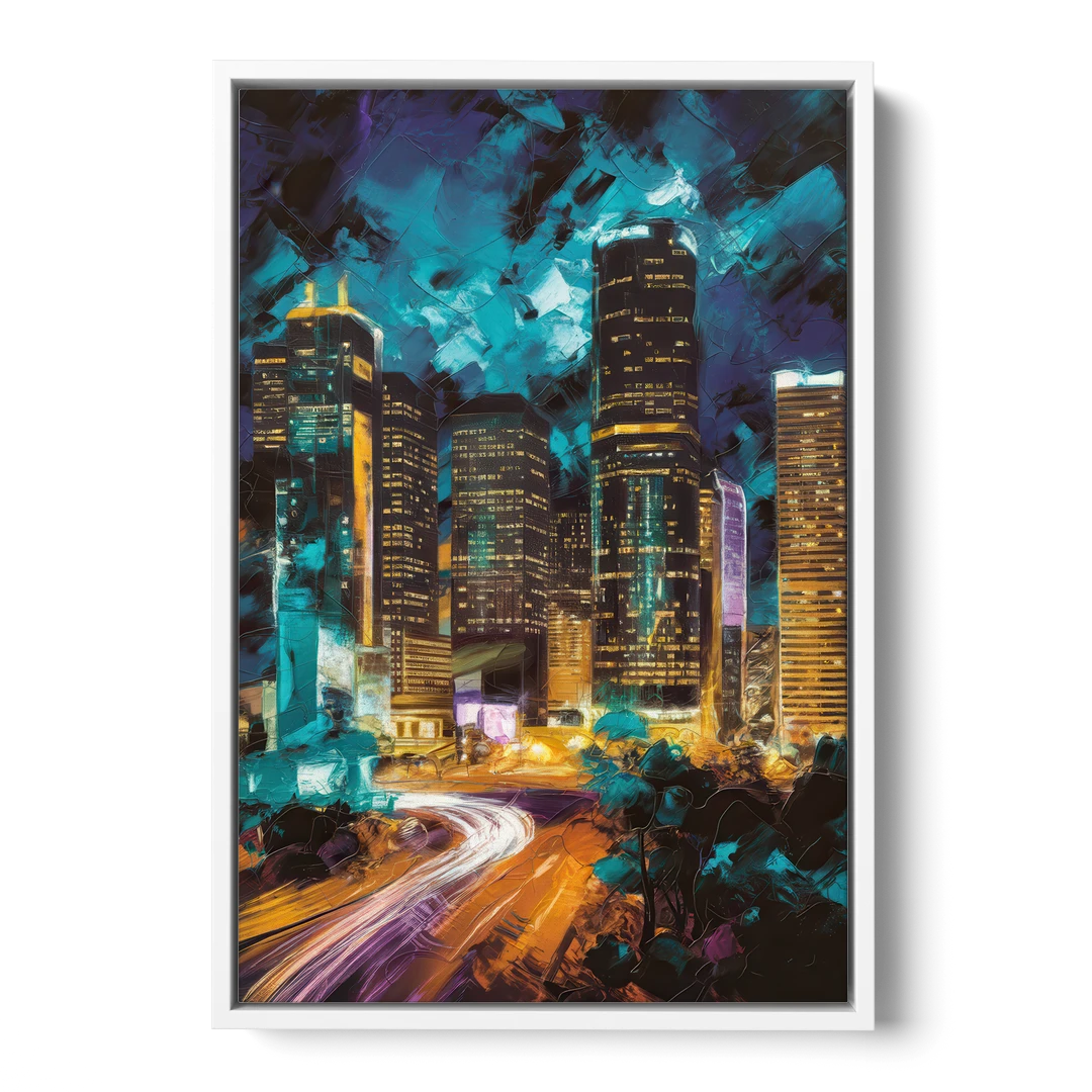 Houston Urban Nights - White Framed Canvas Wall Art - Front