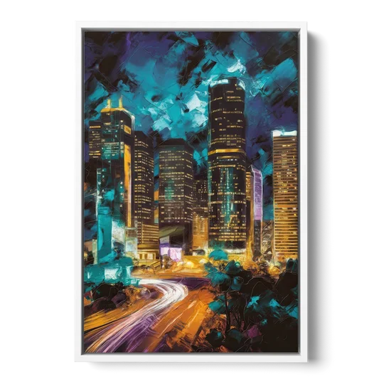 Houston Urban Nights - White Framed Canvas Wall Art - Front