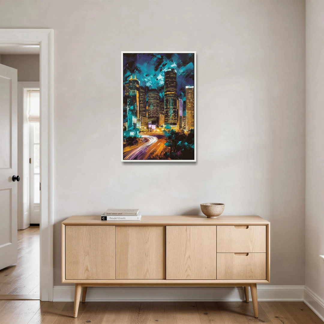 Houston Urban Nights - White Framed Canvas Wall Art - Coffee Table - 24x36