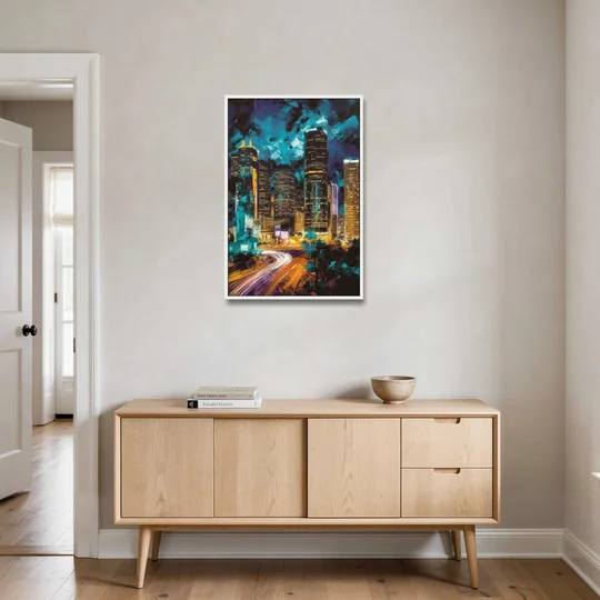 Houston Urban Nights - White Framed Canvas Wall Art - Coffee Table - 24x36