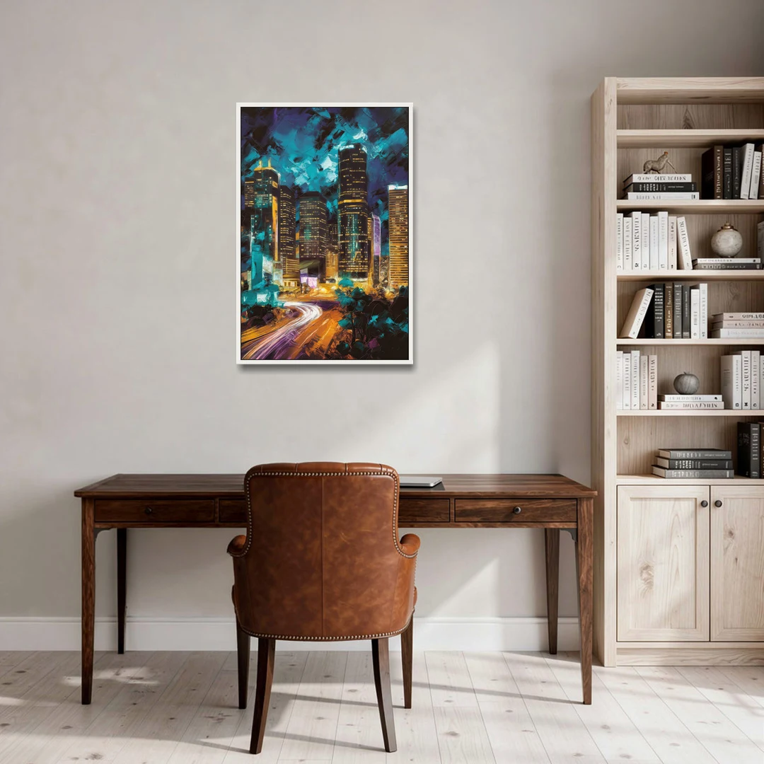 Houston Urban Nights - White Framed Canvas Wall Art - Office - 24x36