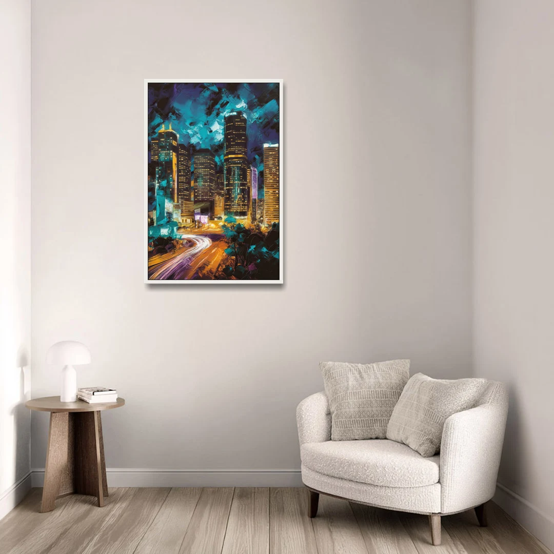 Houston Urban Nights - White Framed Canvas Wall Art - Sofa - 24x36