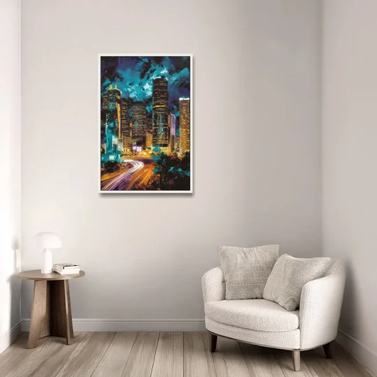 Houston Urban Nights - White Framed Canvas Wall Art - Sofa - 24x36