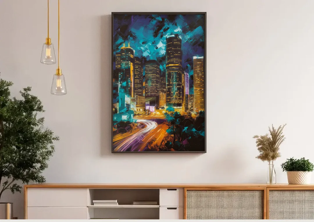 Houston Urban Nights canvas wall art above a wooden sideboard under pendant lights