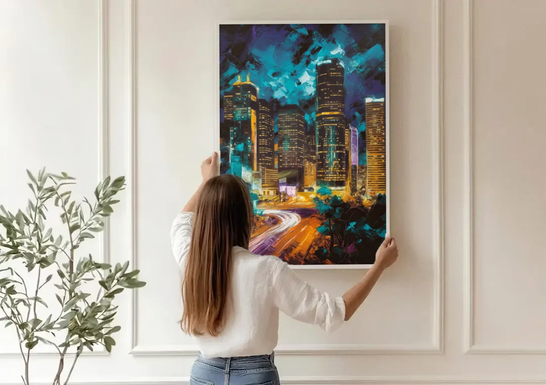 Houston Urban Nights canvas wall art being hung on a paneled wall